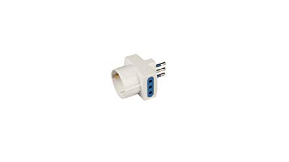 ADATTATORE PLURISTANDARD BIANCO con spina e 3 prese (2: 10A Standard Italiano + 1: 10A Standard Tedesco)