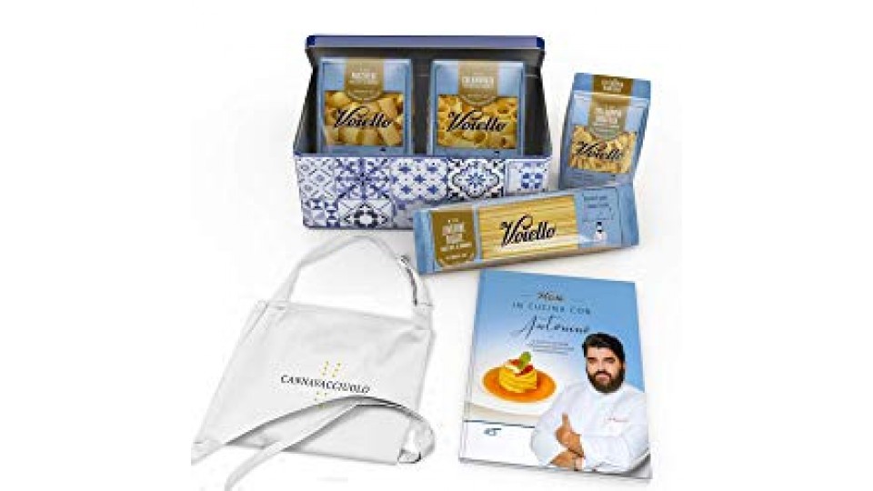 Gift Box Voiello - Edizione limitata Chef Antonino Cannavacciuolo – Prezioso Cofanetto in latta con Pasta Voiello, Grembiule e Ricettario dello Chef - Idea Regalo per Natale