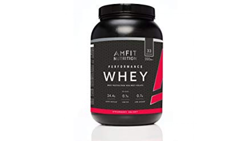 Marchio Amazon - Amfit Nutrition Performance Whey Mix di proteine del siero di latte (100% isolati di siero di latte), gusto fragola, 33 porzioni