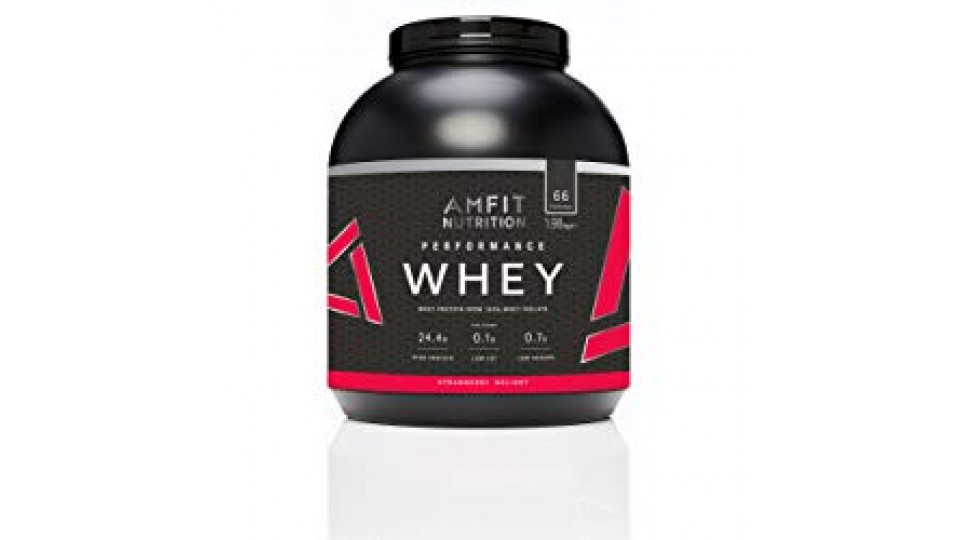 Marchio Amazon - Amfit Nutrition Performance Whey Mix di proteine del siero di latte (100% isolati di siero di latte), gusto fragola, 66 porzioni