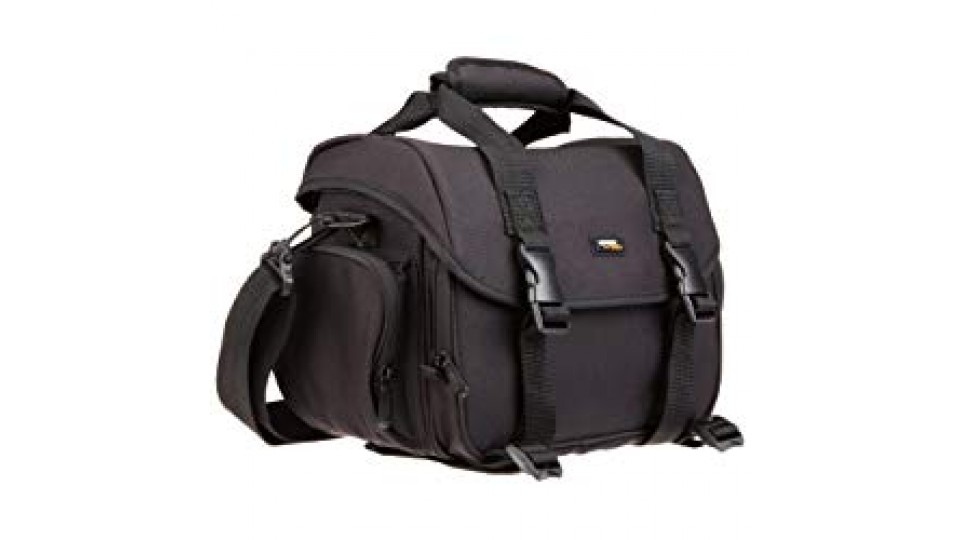 AmazonBasics - Borsa a tracolla grande per fotocamera reflex e accessori, Nero con interno arancione