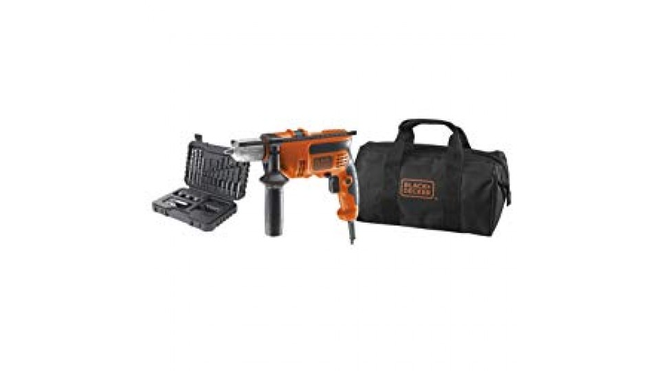 BLACK+DECKER KR714S32-QS Trapano a Percussione, con Set 32 Accessori, 710 W, Borsa Multiuso, Arancione