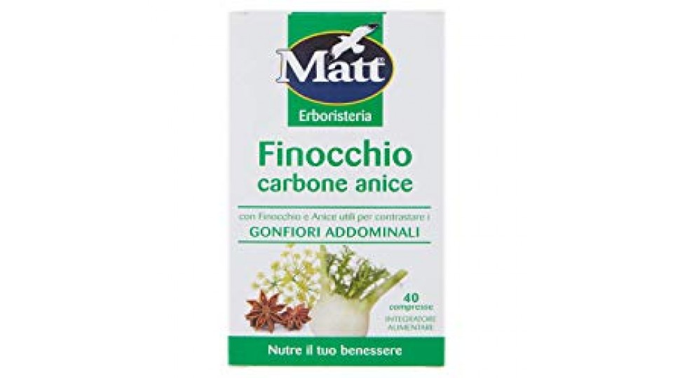 Matt&Diet - Finocchio Carbone Anice - Integratore con Carbone Vegetale per Gonfiori Addominali - 40 Compresse