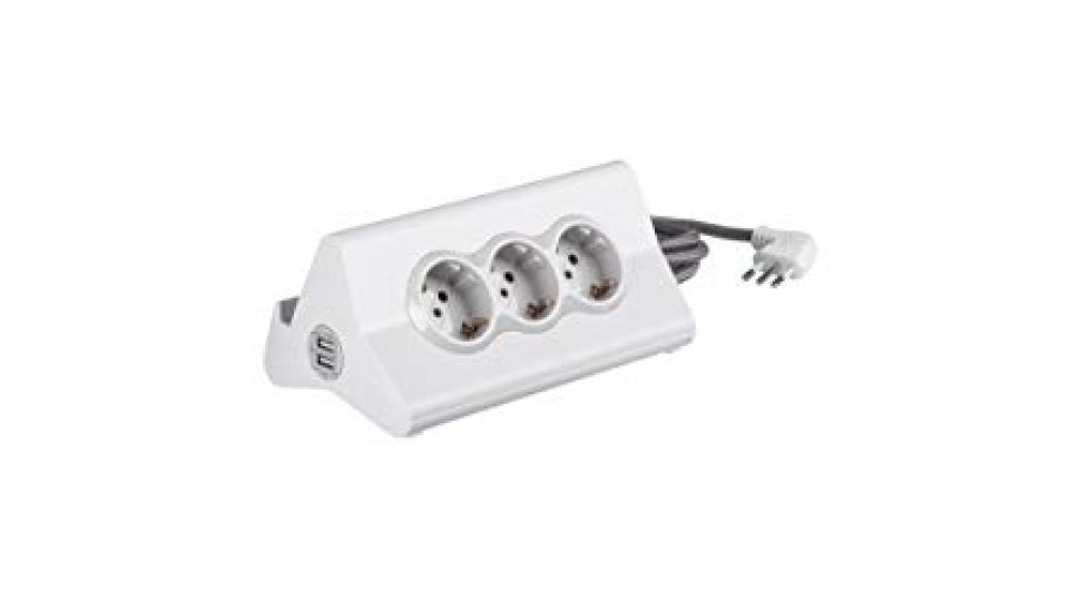 BTicino S3713DBU Multipresa da Scrivania con Spina 10 A, 3 Prese Shuko, 2 Prese USB, Bianco