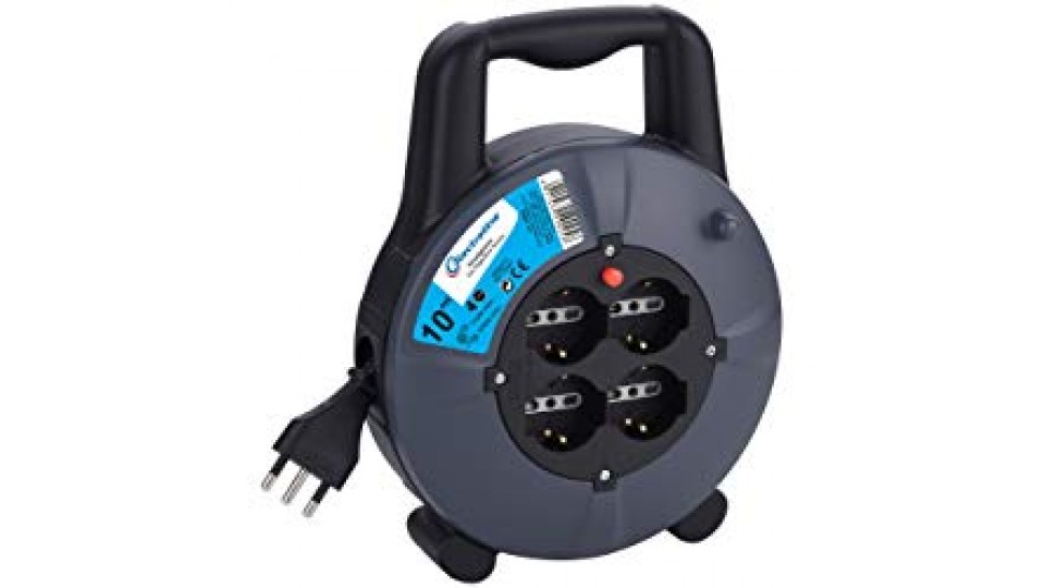 Electraline 49026 Prolunga Elettrica con Avvolgicavo 10 mt, 4 Prese Polivalenti, Schuko + 10/16A, Spina 16A, Sezione Cavo 3G1,5 mm²