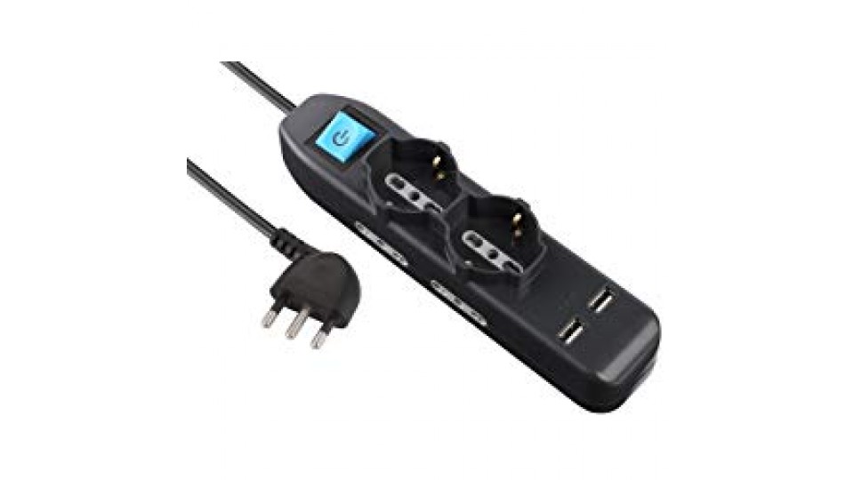 Electraline 62095 Multipresa 6 Posti 2 Polivalenti Schuko +10/16A 4 Bivalenti 10/16A 2 Prese USB - Cavo 1,5 M, Nero