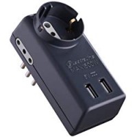 Electraline 70024 Adattatore Multipresa 5 Posti 2 USB, 1 Presa Bivalente Schuko + 10A, 2 Prese 10A, Spina Piccola 10A 230V, Nero