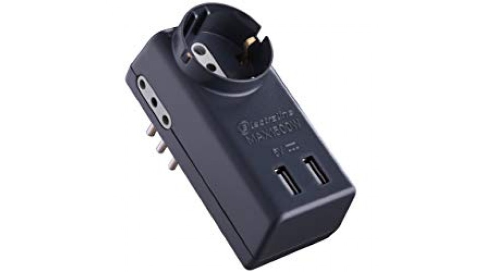 Electraline 70024 Adattatore Multipresa 5 Posti 2 USB, 1 Presa Bivalente Schuko + 10A, 2 Prese 10A, Spina Piccola 10A 230V, Nero