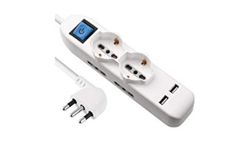 Electraline 62087 Multipresa 6 posti 2 polivalenti (schuko +10/16A) 4 bivalenti (10/16A) 2 Prese USB - cavo 1,5 m bianco