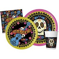 Kit Party Tavola Disney Coco per 24 persone (112 pezzi: 24 piatti carta Ø23cm, 24 piatti carta Ø20cm, 24 bicchieri plastica 200ml, 40 tovaglioli carta 33x33cm)