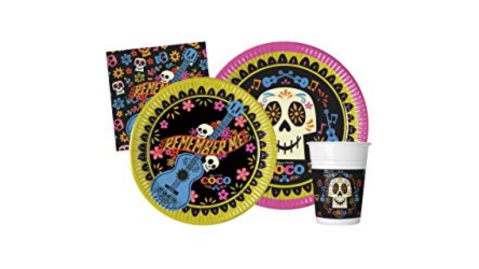 Kit Party Tavola Disney Coco per 24 persone (112 pezzi: 24 piatti carta Ø23cm, 24 piatti carta Ø20cm, 24 bicchieri plastica 200ml, 40 tovaglioli carta 33x33cm)