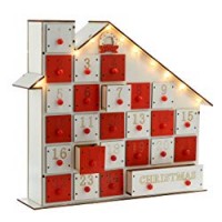 WeRChristmas - Decorazione natalizia in legno intagliato, a forma di casetta di legno con calendario dell'avvento, illuminazione a LED, 4 luci bianco caldo