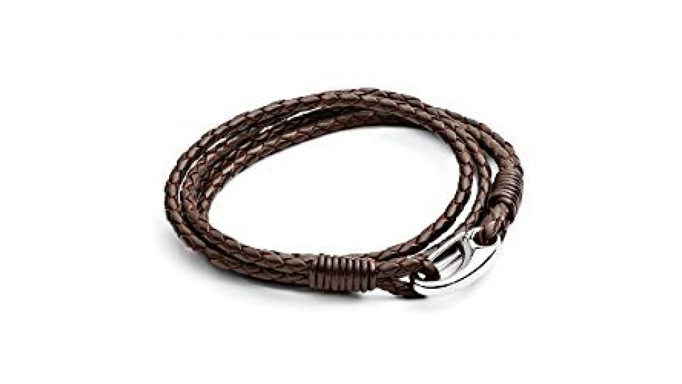 Tribal Steel Bracciale da uomo a a 4 trecce in pelle marrone da 21cm con chiusura a moschettone grande in acciaio Inox