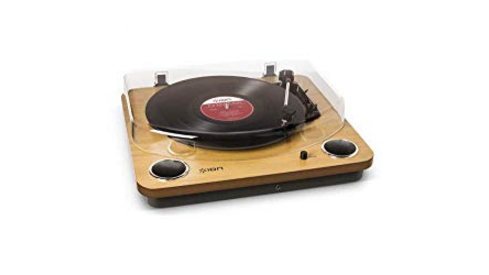 ION Audio Max LP - Giradischi a Tre Velocità con Altoparlanti Stereo, Conversione USB dei Dischi in Digitale, Uscite RCA Standard e Uscita Cuffie, Finitura in Legno Naturale