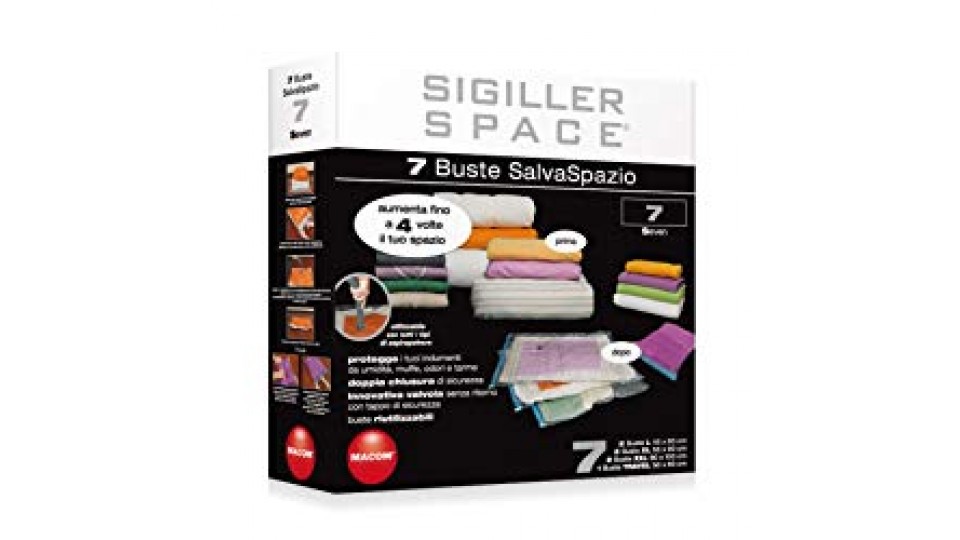 MACOM Sigiller Space 805 7 Confezione 7 Buste Sottovuoto Salvaspazio per Indumenti (2 XXL - 2 XL - 2 L - 1 Travel)
