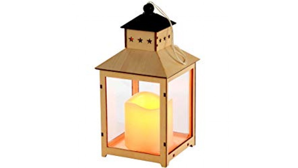 WeRChristmas - Lanterna decorativa natalizia in legno, con candela LED a luce tremolante