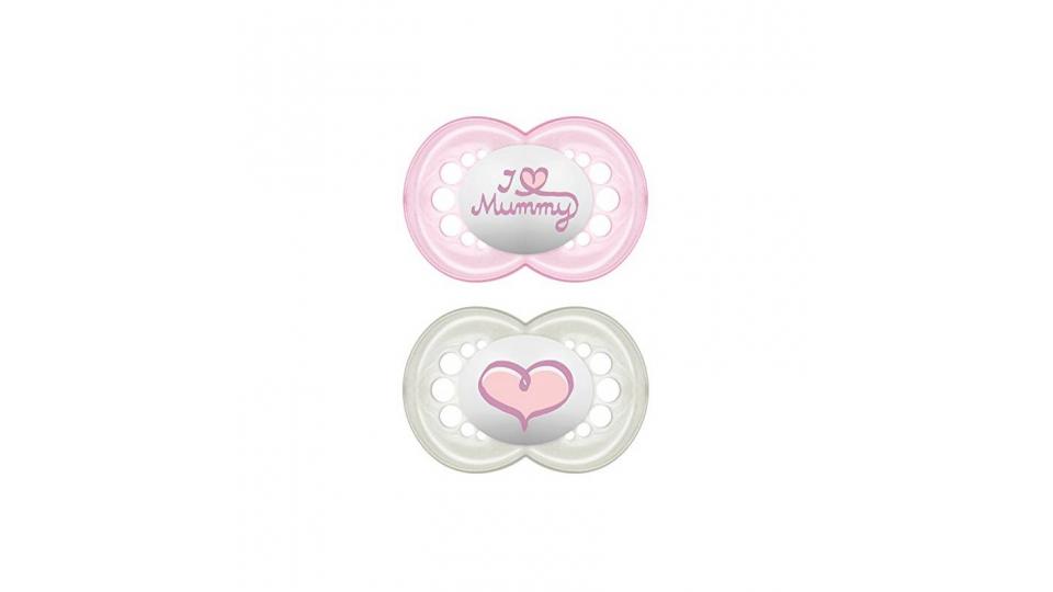 MAM Babyartikel, MAM 66737422 Original Succhietto in silicone, 6-16 Mesi, I love mummy, per bimba, confezione da 2 pezzi, modelli assortiti