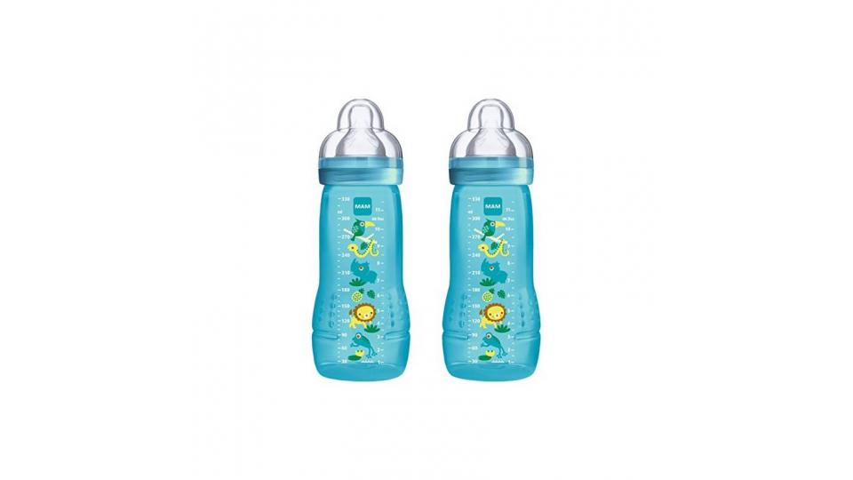 MAM Biberon Età secondo colorato, 330 ml, 6 + Mesi, 2 pezzi, Turchese