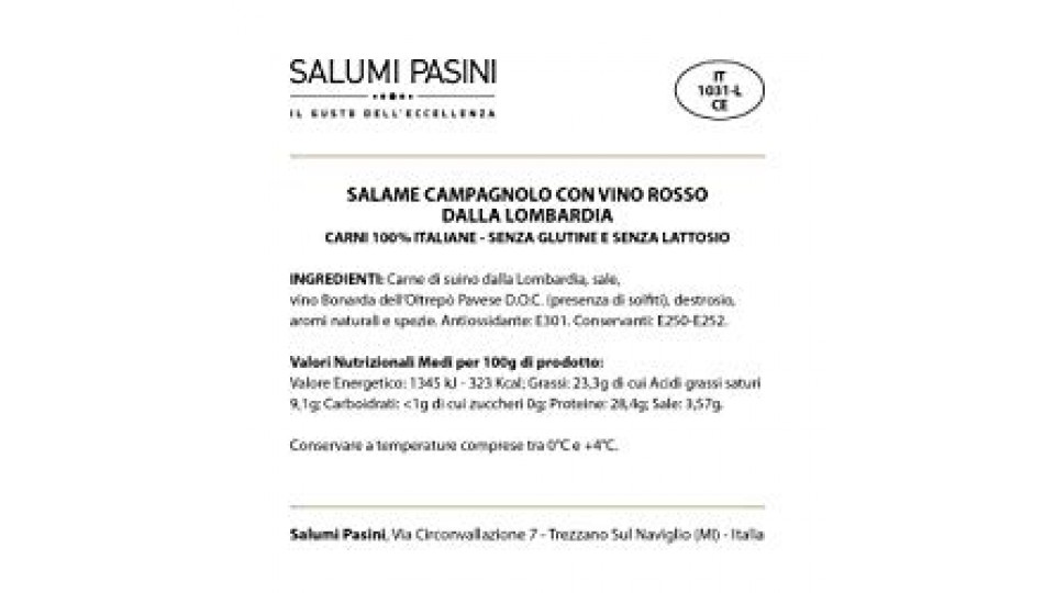 Salumi Pasini Salame con Vino Rosso Dalla Lombardia