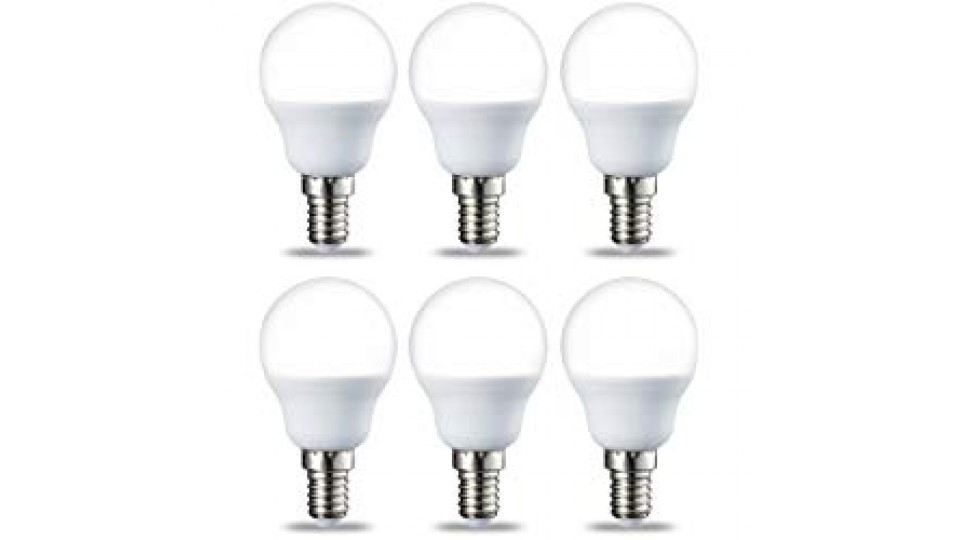 AmazonBasics Lampadina LED E14 a Sfera, P45, 5.5W (equivalenti a 40W), Luce Bianca Calda- Pacco da 6