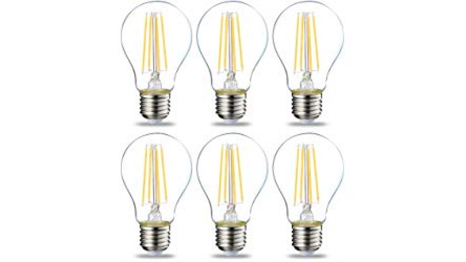 AmazonBasics Lampadina LED E27 a Filamento, 7W (equivalenti a 60W), Luce Bianca Calda - Pacco da 6