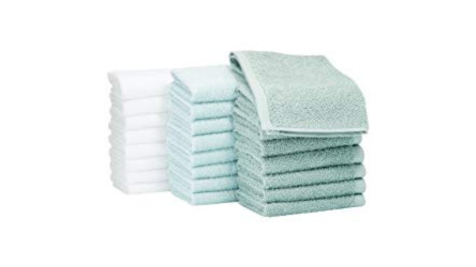 AmazonBasics - Asciugamani in cotone, confezione da 24, Verde Acqua, Blu Ghiaccio, Bianco