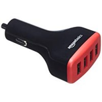 AmazonBasics - Caricabatterie per auto 9,6 A/48 W 4 porte USB per dispositivi Apple e Android, Nero/Rosso