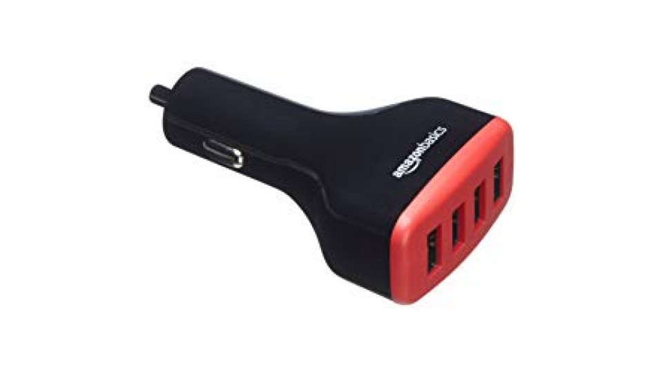 AmazonBasics - Caricabatterie per auto 9,6 A/48 W 4 porte USB per dispositivi Apple e Android, Nero/Rosso