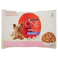 Purina One Mini Umido Cane Bocconi in Salsa Delicate con Salmone in Salsa, per Cani fino a 10 kg, 4 Buste da 100 g Ciascuna, Confezione da