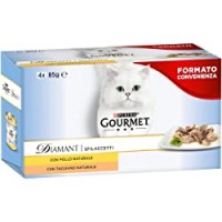 Purina Gourmet Diamant Umido Gatto Sfilaccetti con Pollo Delicato e Sfilaccetti con Tacchino Saporito, 4 Lattine da 85 g Ciascuna, Confezione da