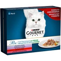 Purina Gourmet Perle Umido Gatto Filettini in Salsa con Verdure con Vitello, Selvaggina, Manzo, Trota, 8 Buste da Ciascuna, 1 Confezione da 8