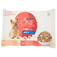 Purina One Mini Umido Cane Bocconi in Salsa Adult con Pollo, Manzo e Verdure, per Cani fino a 10 kg, 4 buste da 100 g Ciascuna, Confezione da