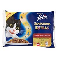 Felix Sensations Extras Umido Gatto con Manzo e Un Pizzico di Formaggio e con Pollo e Un Pizzico di Bacon - 4 Buste da