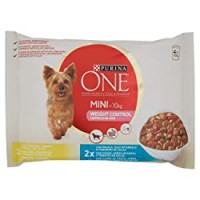 Purina One Mini Umido Cane Bocconi in Salsa Controllo del Peso con Tacchino, Maiale e Verdure, per Cani fino a 10 kg, 4 Buste da 100 g Ciascuna, Confezione da
