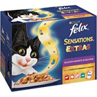 Purina Felix Sensations Extras Umido Gatto con Manzo e un Pizzico di Formaggio, con Tacchino e un Pizzico di Bacon, con Salmone e un Pizzico di Formaggio e con Tonno e un Pizzico di Formaggio, 10 buste da 100 g Ciascuna, Confezione da