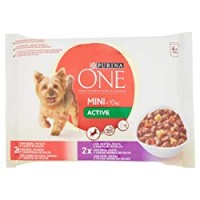 Purina One Mini Umido Cane Bocconi in Salsa Active con Manzo, Anatra e Verdure, per Cani fino a 10 kg, 4 Buste da 100 g Ciascuna, Confezione da