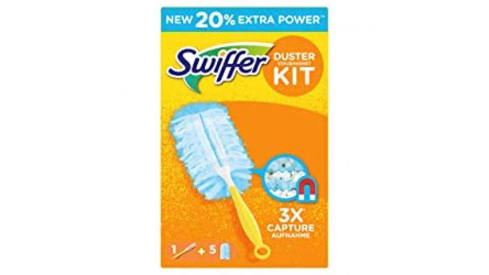 Swiffer Duster Kit con 1 Manico e 5 Dry Cloths Ricambi, intrappola e Blocca Fino a 3 Volte Più Polvere e Peli Rispetto a un Piumino Tradizionale