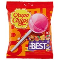 Chupa Chups Lecca Lecca The Best Of, Lollipop Frutti Assortiti Gusto Cola, Fragola, Arancia e Panna Fragola, senza Glutine, Busta da 10 Lollipop Monopezzi