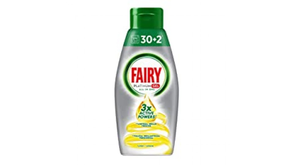 Fairy Platinum Gel Detersivo per Lavastoviglie, Limone, 30 + 2 Lavaggi, 100 % Dissoluzione e Pulizia, 1 Unità