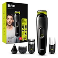 Braun MGK3221 Rifinitore 6-In-1, Tagliacapelli, Regolabarba Uomo e Rifinitore Viso con Lame Affilate di Lunga Durata, Testina con Rifinitore Naso e Orecchie e 5 Accessori. Confezione con 85% di Plastica in Meno, Nero/Verde Elettrico