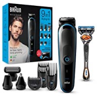 Braun Tutto-In-Uno 5 MGK5280 Rifinitore 9-In-1 Nero/Blu, Regolabarba Uomo, Tagliacapelli e Rifinitore Corpo con Tecnologia AutoSense e 7 Accessori, confezione con 85% di Plastica in Meno, Nero/Blu