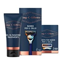 King C. Gillette Set per la Cura della Barba Uomo, Rasoio per il Collo + 3 Lamette di Ricambio + Gel da Rasatura Trasparente con Tè Bianco e Olio di Argan, Confezione Regalo