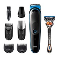 Braun Regolabarba Uomo Tutto-In-Uno 5 MGK5245 Rifinitore 7-In-1, Tagliacapelli e Rifinitore Viso con Tecnologia AutoSense e 5 Accessori, Confezione con 85% di Plastica in Meno, Nero/Blu