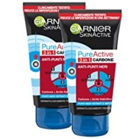 Garnier Maschera Viso Nera Pure Active, Azione 3 in 1: Gel detergente, Scrub e Maschera Purificante, Combatte i Punti Neri, con Carbone Vegetale, 150 ml, Confezione da 2