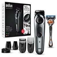 Braun BT7240 Regolabarba Uomo, Rifinitore e Tagliacapelli con Lame Affilate in Metallo di Lunga Durata e 39 Impostazioni di Lunghezza, confezione con 85% di Plastica in Meno, Nero/Grigio Metallizzato