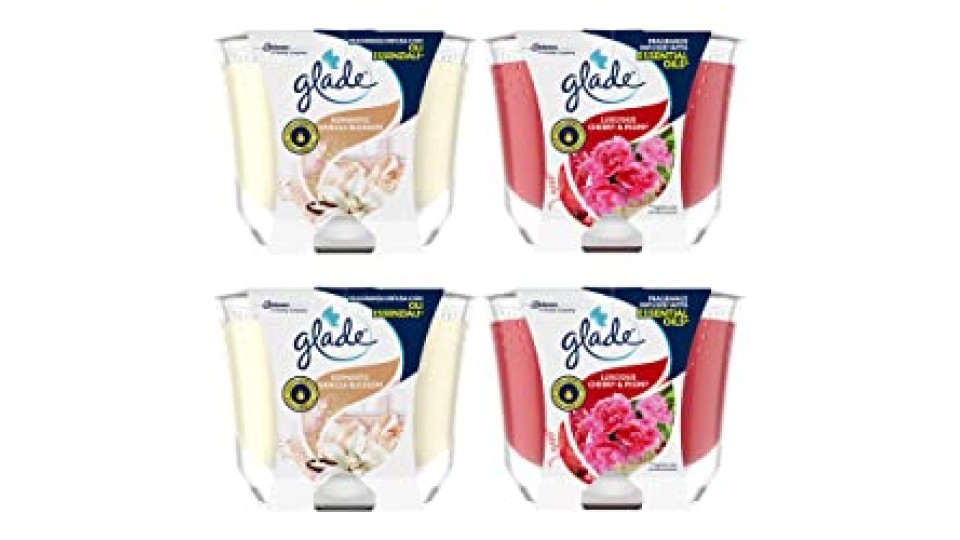Glade Candele Profumate, Set da 4, con Oli Essenziali, 2 Fragranze Romantic Vanilla e 2 Fragranze Peony & Cherry, Lunga Durata Fino a