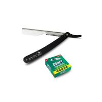 Shaving Factory - Set da barba per uomo con rasoio a mano libera, a lama dritta e 100 lame professionali Derby, a filo singolo