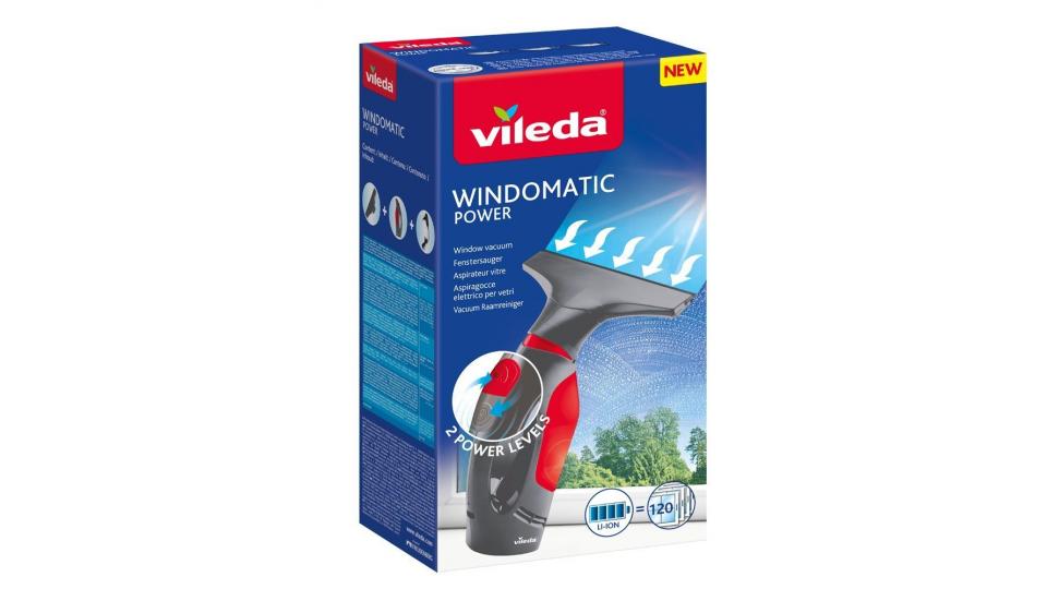 Vileda Windomatic Power Aspiragocce Elettrico senza Fili per Vetri, Finestre e Specchi, Rosso/Nero
