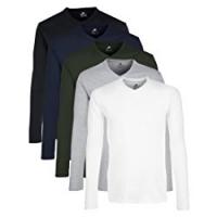 Lower East T-Shirt a maniche lunghe con scollo a V, pacco da 5, Mehrfarbig (Weiß/Schwarz/Grau/Blau/Grün), Medium