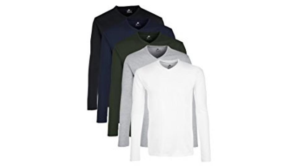 Lower East T-Shirt a maniche lunghe con scollo a V, pacco da 5, Mehrfarbig (Weiß/Schwarz/Grau/Blau/Grün), Medium